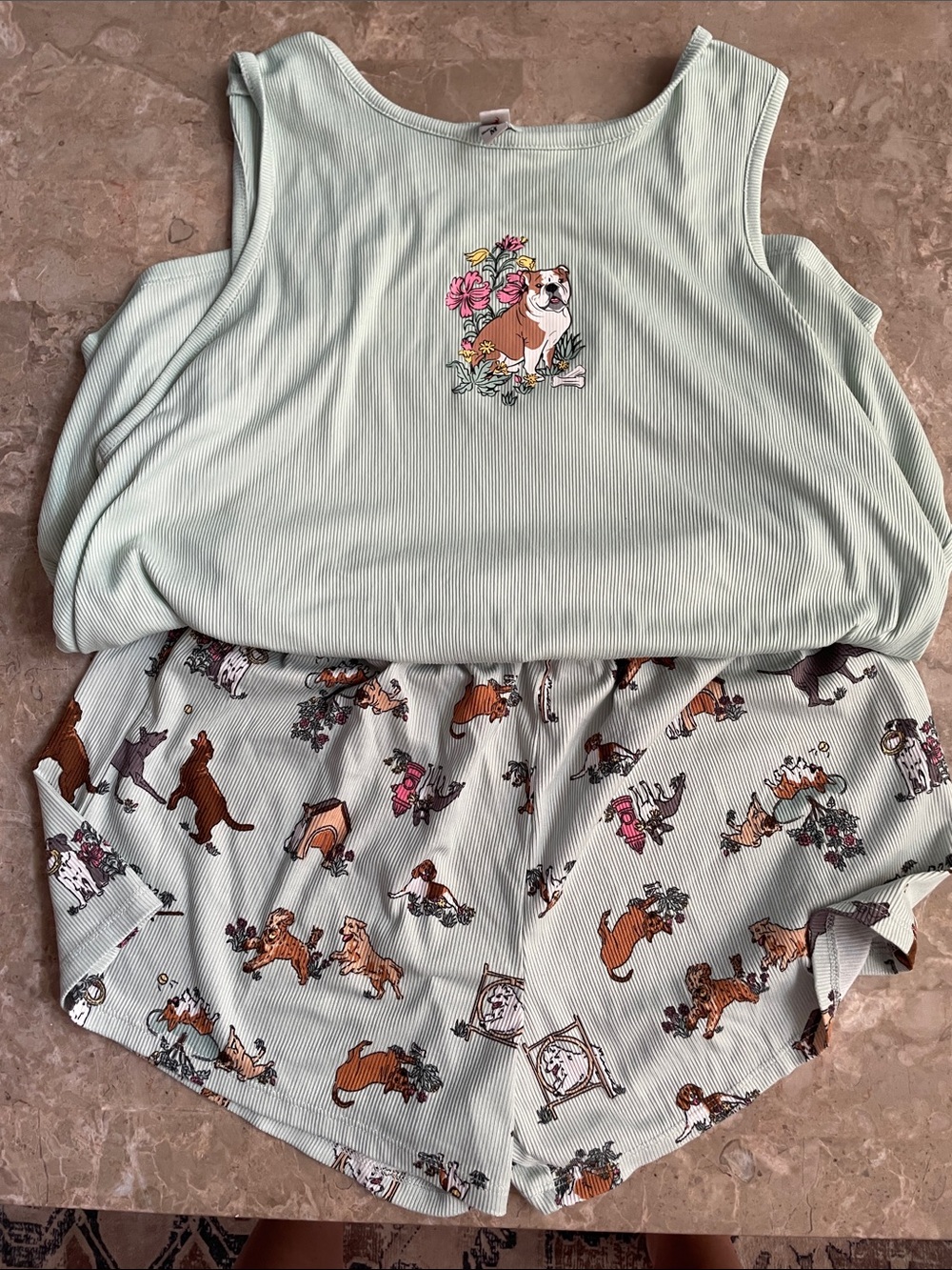 Mint Green Bulldog Print Ribbed Tank & Short Pajama Set